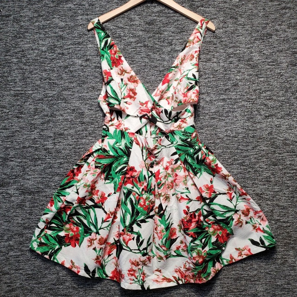 INA Floral Mini Skater‎ Dress Womens M White Red Green Cutout Fit Flare Summer